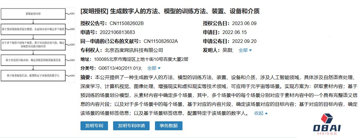 百度获得生成数字人专利，官方表示未来会将其利用在不同场景