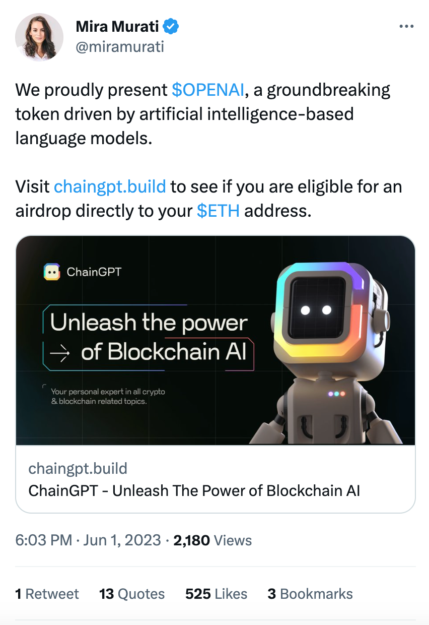 OpenAI高管社交媒体帐户惨遭被盗，黑客用其账号推广加密货币