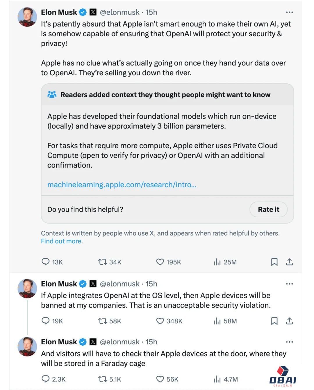 全球最反对苹果AI的人:马斯克连发7条“朋友圈”狂喷 全球最反对苹果AI的人:马斯克连发7条“朋友圈”狂喷