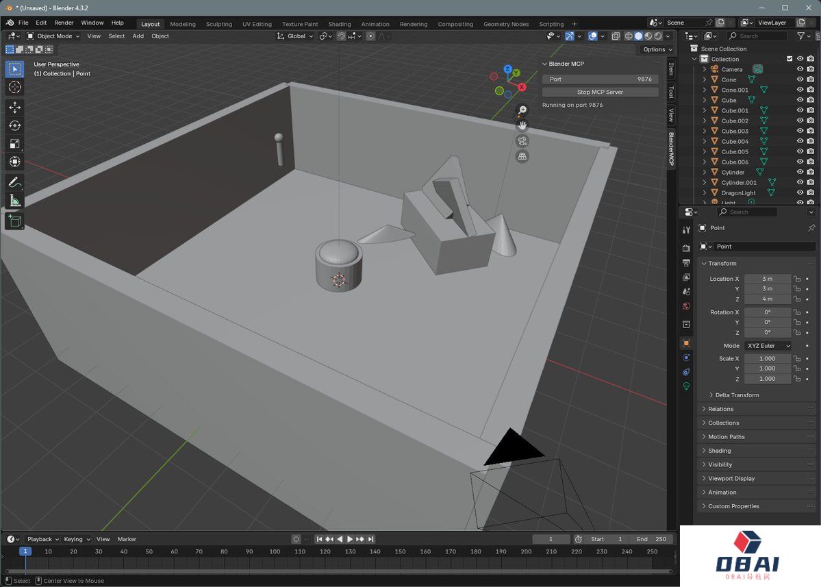 BlenderMCP： 实现Claude AI与Blender交互，通过提示词进行3D建模、场景创建和操作。