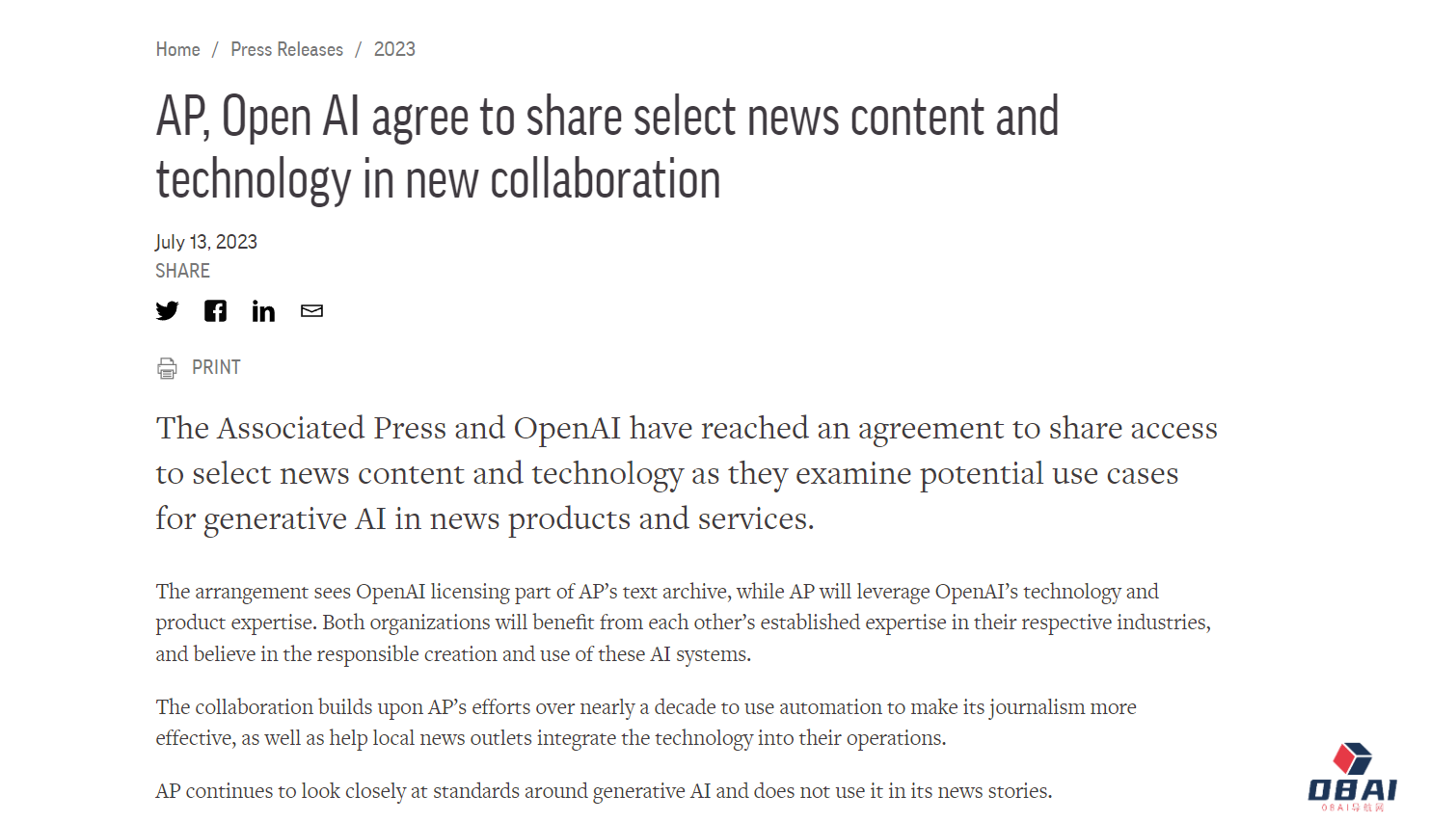美联社和 OpenAI 达成合作，探索AIGC应用于新闻内容制作技术