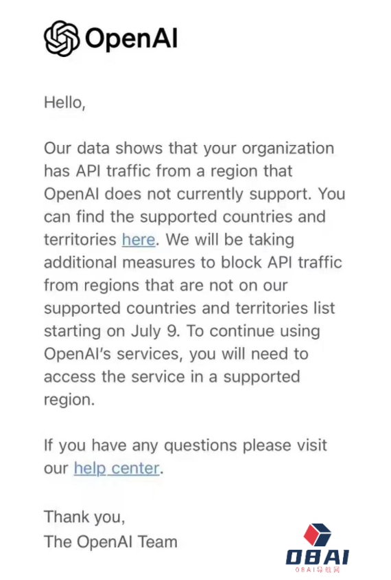 OpenAI停止不支持国家API，7月9日开始执行