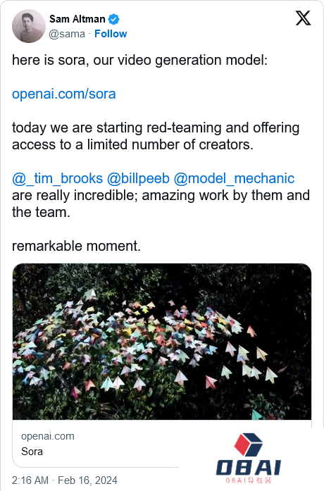 OpenAI 正在推出一种新的视频生成模型，它的名字叫 Sora